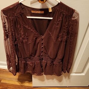 Shyanne Women's Deep Brown Sheer Embroidered Blouse